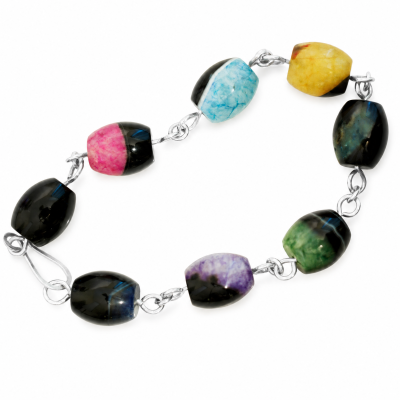 Genuine dyed multi-color chalcedony and sterling silver link bracelet for women 8.5 Inches long